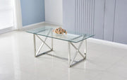 KENSY DINING TABLE FEATURES A SILVER BASE WITH A TRANSPARENT GLASS TOP COMBINING SLEEK MODREN DESIGN AND ELEGANCE 180X90X75CM