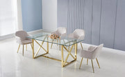 LA MESA DE COMEDOR KENSY CUENTA CON UNA BASE DORADA Y UNA CUBIERTA DE CRISTAL TRANSPARENTE QUE COMBINAN UN DISEÑO MODERNO Y ELEGANTE 180X90X75CM