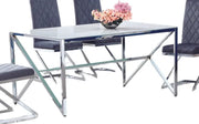 MAJESTIQUE DINING TABLE FEATURES A SILVER BASE WITH A WHITE MARBLE EFFECT GLASS TOP COMBINING MODREN ELEGANCE 150X90X75CM