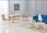 LEVANTO DINING TABLE FEATURES A GOLD BASE WITH MARBLE EFFECT TOP COMBINING LUXURY AND MODREN ELEGANCE 180X90CM