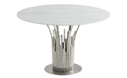 MESA DE COMEDOR FLUTE CON CUBIERTA DE MÁRMOL BLANCO Y PATAS PLATEADAS QUE COMBINA ELEGANCIA MODERNA Y DISEÑO DE LUJO 120X75CM
