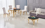 BAROQUE ROUND DINING TABLE WITH A BLACK AND GOLD BASE COMBINING CLASSIC DESIGN WITH A MODREN TOUCH 130X75CM