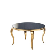 BAROQUE ROUND DINING TABLE WITH A BLACK AND GOLD BASE COMBINING CLASSIC DESIGN WITH A MODREN TOUCH 130X75CM