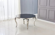 MESA DE COMEDOR REDONDA BARROCA CON TAPA DE MÁRMOL NEGRO Y PATAS PLATEADAS CON MATERIAL Y DISEÑO CLÁSICOS 130X75CM