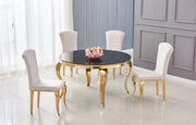 BAROQUE ROUND DINING TABLE FEATURES A GOLD BASE WITH A BLACK MARBLE EFFECT TOP COMBINING CLASSIC LUXURY WITH BOLD ELEGNACE MEASURING 130X75CM .