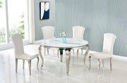 BAROQUE ROUND DINING TABLE FEATURES A SILVER BASE WITH A WHITE MARBLE EFFECT TOP COMBINING CLASSIC ELEGANCE WITH A MODREN TOUCH 130X75CM