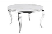 BAROQUE ROUND DINING TABLE FEATURES A SILVER BASE WITH A WHITE MARBLE EFFECT TOP COMBINING CLASSIC ELEGANCE WITH A MODREN TOUCH 130X75CM