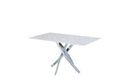 MESA DE COMEDOR RECTANGULAR JESSICA CUENTA CON UNA BASE PLATEADA Y UNA CUBIERTA EFECTO MÁRMOL QUE COMBINAN ELEGANCIA MODERNA Y ESTILO REFINADO 150X90CM