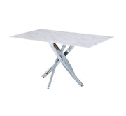 MESA DE COMEDOR RECTANGULAR JESSICA CUENTA CON UNA BASE PLATEADA Y UNA CUBIERTA EFECTO MÁRMOL QUE COMBINAN ELEGANCIA MODERNA Y ESTILO REFINADO 150X90CM