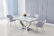 TROFY DINING TABLE FEATURES A WHITE MARBLE EFFECT WITH SILVER FEETS TOP COMBINING MODREN ELEGANCE AND DURABILITY 150X90X75CM