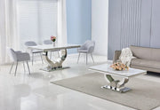 TROFY DINING TABLE FEATURES A WHITE MARBLE EFFECT WITH SILVER FEETS TOP COMBINING MODREN ELEGANCE AND DURABILITY 150X90X75CM