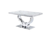 TROFY DINING TABLE FEATURES A WHITE MARBLE EFFECT WITH SILVER FEETS TOP COMBINING MODREN ELEGANCE AND DURABILITY 150X90X75CM