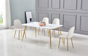 MESA DE COMEDOR AGNES CON BASE DORADA Y TAPA EFECTO MÁRMOL BLANCO QUE COMBINA ELEGANCIA MODERNA 150X90CM