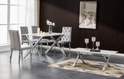 MESA DE COMEDOR LXE CON BASE PLATEADA Y CUBIERTA EFECTO MÁRMOL BLANCO QUE COMBINA LA ELEGANCIA MODERNA 150X90X75CM
