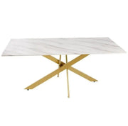 JESSICA RECTANGULAR DINING TABLE FEATURES A WHITE MARBLE TOP AND GOLD METAL FEETS AND 180X90X75CM