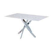 JESSICA RECTANGULAR DINING TABLE FEATURES A WHITE MARBLE TOP AND SILVER METAL FEETS AND 180X90X75CM