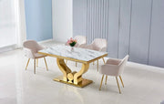 MESA DE COMEDOR TROFY CON CUBIERTA DE MÁRMOL BLANCO Y PATAS DORADAS DE 150X90X75CM