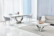 TROFY DINING TABLE FEATURES A WHITE MARBLE TOP WITH A SILVER FEETS COMBINING MODREN ELEGANCE DESIGN 180X90X75CM