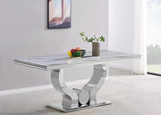 TROFY DINING TABLE FEATURES A WHITE MARBLE TOP WITH A SILVER FEETS COMBINING MODREN ELEGANCE DESIGN 180X90X75CM