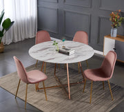 HELOISE DINING ATBLE FEATURES A WHITE MARBLE TOP WITH ROSE GOLD LEGS COMBINING ELEGANT LUXURY WITH A MODREN DESIGN 120CM