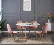 HELOISE DINING ATBLE FEATURES A WHITE MARBLE TOP WITH ROSE GOLD LEGS COMBINING ELEGANT LUXURY WITH A MODREN DESIGN 120CM