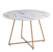 HELOISE DINING ATBLE FEATURES A WHITE MARBLE TOP WITH ROSE GOLD LEGS COMBINING ELEGANT LUXURY WITH A MODREN DESIGN 120CM