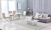MESA DE COMEDOR PORTOFINO CON CUBIERTA DE MÁRMOL BLANCO Y PATAS DE BASE PLATEADA QUE COMBINAN ELEGANCIA Y DISEÑO MODERNO 180X90X75CM