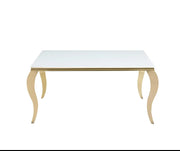 BAROQUE  DINING TABLE  FEATURES AND ULTRA WHITE TOP WITH A GOLD  BASE FEETS 150X90X75CM