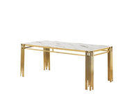 FLUTE DINING TABLE FEATURES A WHITE MARBLE TOP WITH GOLD LEGS COMBINING MODREN ELEGANCE DESIGN 180X90X75CM