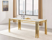 FLUTE DINING TABLE FEATURES A WHITE MARBLE TOP WITH GOLD LEGS COMBINING MODREN ELEGANCE DESIGN 180X90X75CM