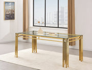 MESA DE COMEDOR FLUTE CON TAPA DE CRISTAL TRANSPARENTE, PATAS DORADAS Y DISEÑO DE ELEGANCIA MODERNA 150X90X75CM