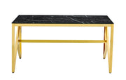 MAJESTIQUE DINING TABLE FEATURES A BLACK MARBLE EFFECT GLASS TOP WITH A GOLD FEETS WITH ELEGANT DESIGN 150X90X75CM