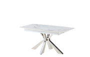 MESA DE COMEDOR EXTENSIBLE CON TAPA DE CERÁMICA EFECTO MÁRMOL BLANCO Y PATAS PLATEADAS 160/200X90X75CM