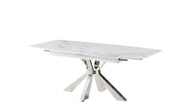MESA DE COMEDOR EXTENSIBLE CON TAPA DE CERÁMICA EFECTO MÁRMOL BLANCO Y PATAS PLATEADAS 160/200X90X75CM