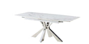 MESA DE COMEDOR EXTENSIBLE CON TAPA DE CERÁMICA EFECTO MÁRMOL BLANCO Y PATAS PLATEADAS 160/200X90X75CM