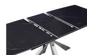 MESA DE COMEDOR EXTENSIBLE CON ENCIMERA DE CERÁMICA CON EFECTO MÁRMOL NEGRO Y PATAS PLATEADAS 160/200X90X75CM