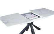 EXTENDABLE DINING TABLE FEATURES A WHITE MARBLE EFFECT CERAMIC TOP WITH A BLACK METAL FEETS 160/200X90X75CM