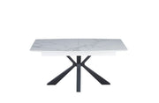 EXTENDABLE DINING TABLE FEATURES A WHITE MARBLE EFFECT CERAMIC TOP WITH A BLACK METAL FEETS 160/200X90X75CM