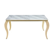 BAROQUE DINING TABLE FEATURES A WHITE MARBLE TOP WITH GOLD BASE FEETS 150X90X75CM