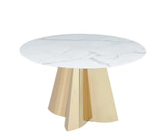 CAPUCINE 130X75CM DINING TABLE FEATURES A WHITE MARBLE TOP WITH GOLD LEGS .