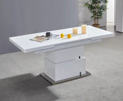 EXTENDABLE 135/170CM DINING TABLE FEATURES A AUTOMATIC LIFT AND EXTENSION SYSTEM WITH WHITE COLOR.