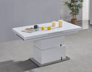 EXTENDABLE 135/170CM DINING TABLE FEATURES A AUTOMATIC LIFT AND EXTENSION SYSTEM WITH WHITE COLOR.