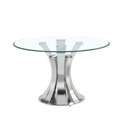 JUDITH 120X75CM ROUND DINING TABLE FEATURES A TRANSPARENT GLASS  TOP WITH SILVER BASE .