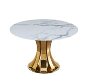 JUDITH 120X75CM ROUND DINING TABLE FEATURES A WHITE MARBLE ON  TOP WITH GOLD BASE .