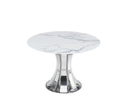 MESA DE COMEDOR REDONDA JUDITH DE 120X75CM CON CUBIERTA DE MÁRMOL BLANCO Y BASE PLATEADA.