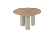 ANAIS 120X75CM DINING TABLE FEATURES A TRAVERTINE EFFECT CERAMIC TOP WITH BEIGE METAL LEGS.