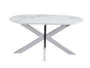 LA MESA DE COMEDOR MANON DE 150X90 CM CUENTA CON UN EFECTO DE MÁRMOL BLANCO CON PATAS PLATEADAS.