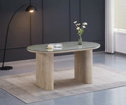 MESA DE COMEDOR ROXY DE 160X90X75CM CON CUBIERTA DE CRISTAL TRANSPARENTE Y BASE CON EFECTO TRAVERTINO.