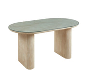MESA DE COMEDOR ROXY DE 160X90X75CM CON CUBIERTA DE CRISTAL TRANSPARENTE Y BASE CON EFECTO TRAVERTINO.