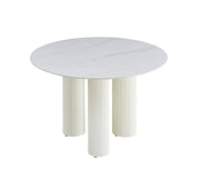 ANAIS 120 CM DINING TABLE FEATURES A WHITE MARBLE EFFCET CERAMIC TOP WITH BEIGE LEGS.